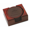 Solid Wood & Leather Four Piece Coaster Set in Wood Holder